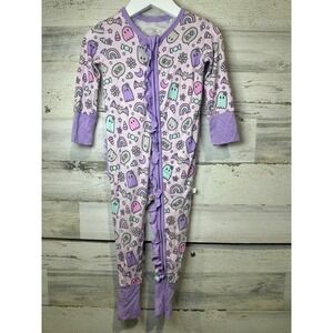 Little Snuggles Sleeper Kids 9-12M Purple Ghost Rainbow Ruffle Bamboo GUC